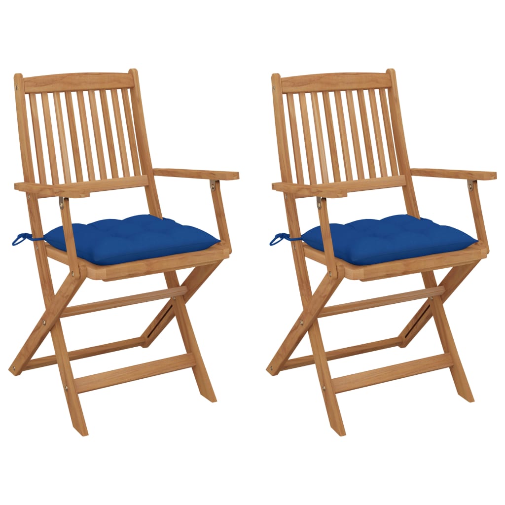 Set de 2 scaune pliabile de gradina, cu perne de sezut, cu brate, vidaXL, Lemn de acacia, 54 x 57 x 91 cm, 7 cm, Maro/Albastru