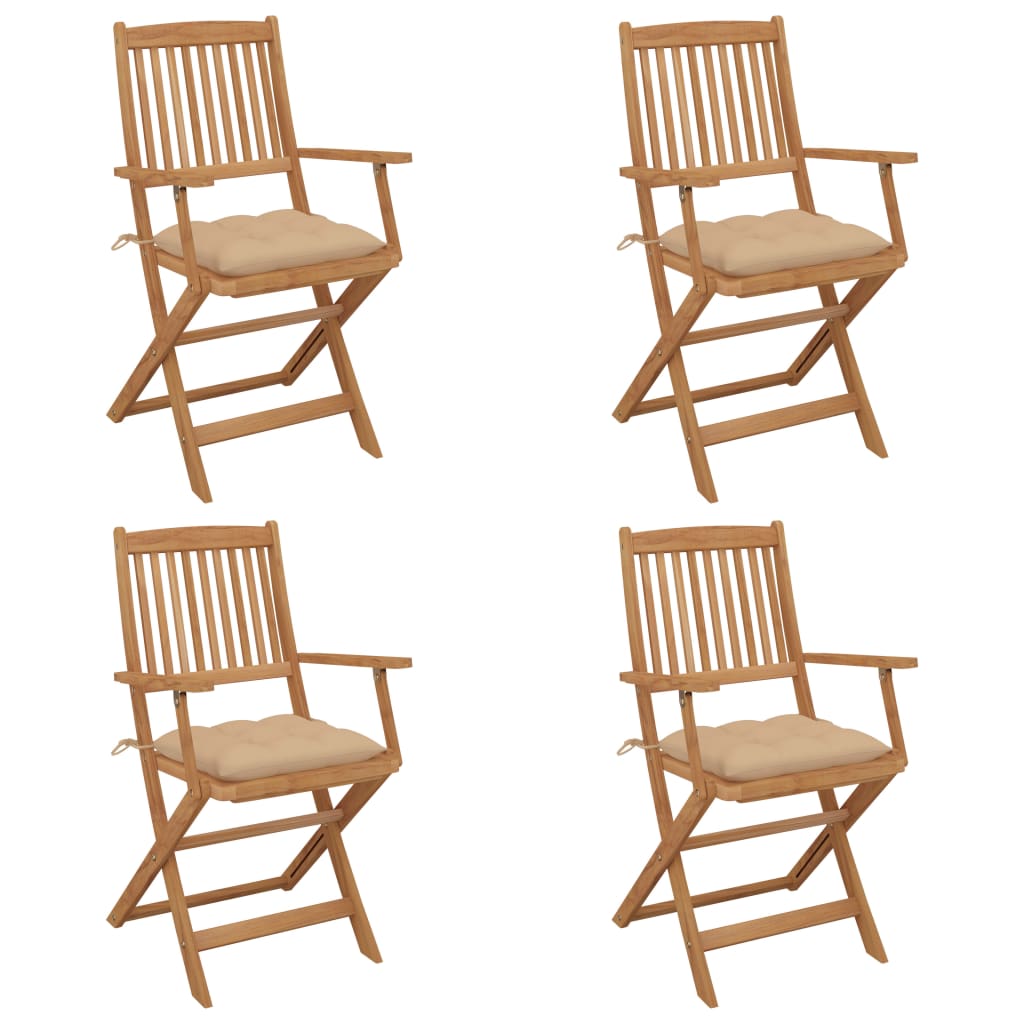 Set de 4 scaune pliabile de gradina, cu perne de sezut, cu brate, vidaXL, Lemn de acacia, 54 x 57 x 91 cm, 7 cm, Maro/Bej