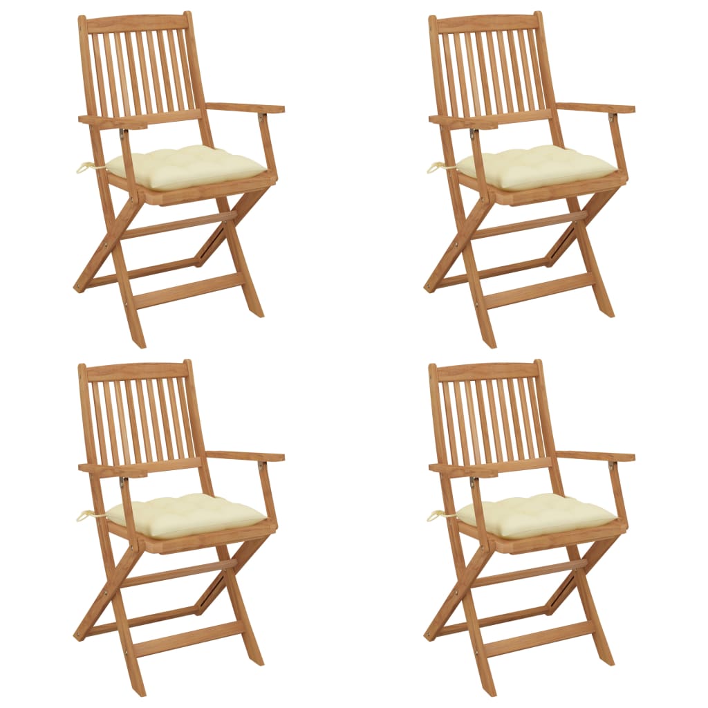 Set de 4 scaune pliabile de gradina, cu perne de sezut, cu brate, vidaXL, Lemn de acacia, 54 x 57 x 91 cm, 7 cm, Maro/Crem