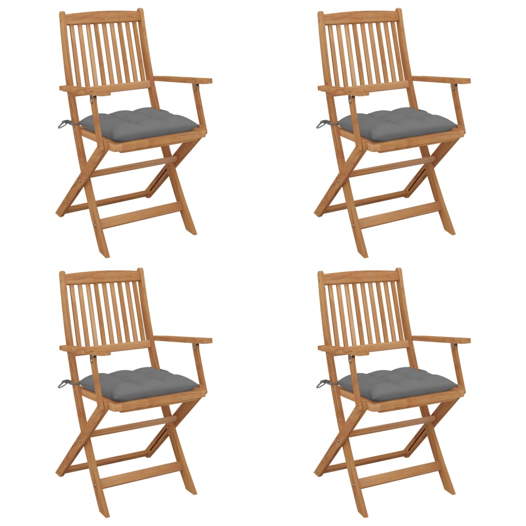 Set de 4 scaune pliabile de gradina, cu perne de sezut, cu brate, vidaXL, Lemn de acacia, 54 x 57 x 91 cm, 7 cm, Maro/Gri