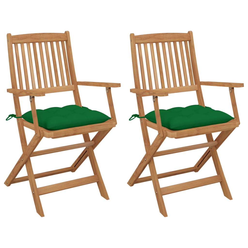 Set de 2 scaune pliabile de gradina, cu perne de sezut, cu brate, vidaXL, Lemn de acacia, 54 x 57 x 91 cm, 7 cm, Maro/Verde
