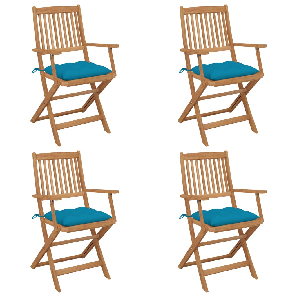 Set de 4 scaune pliabile de gradina, cu perne de sezut, cu brate, vidaXL, Lemn de acacia, 54 x 57 x 91 cm, 7 cm, Maro/Albastru deschis