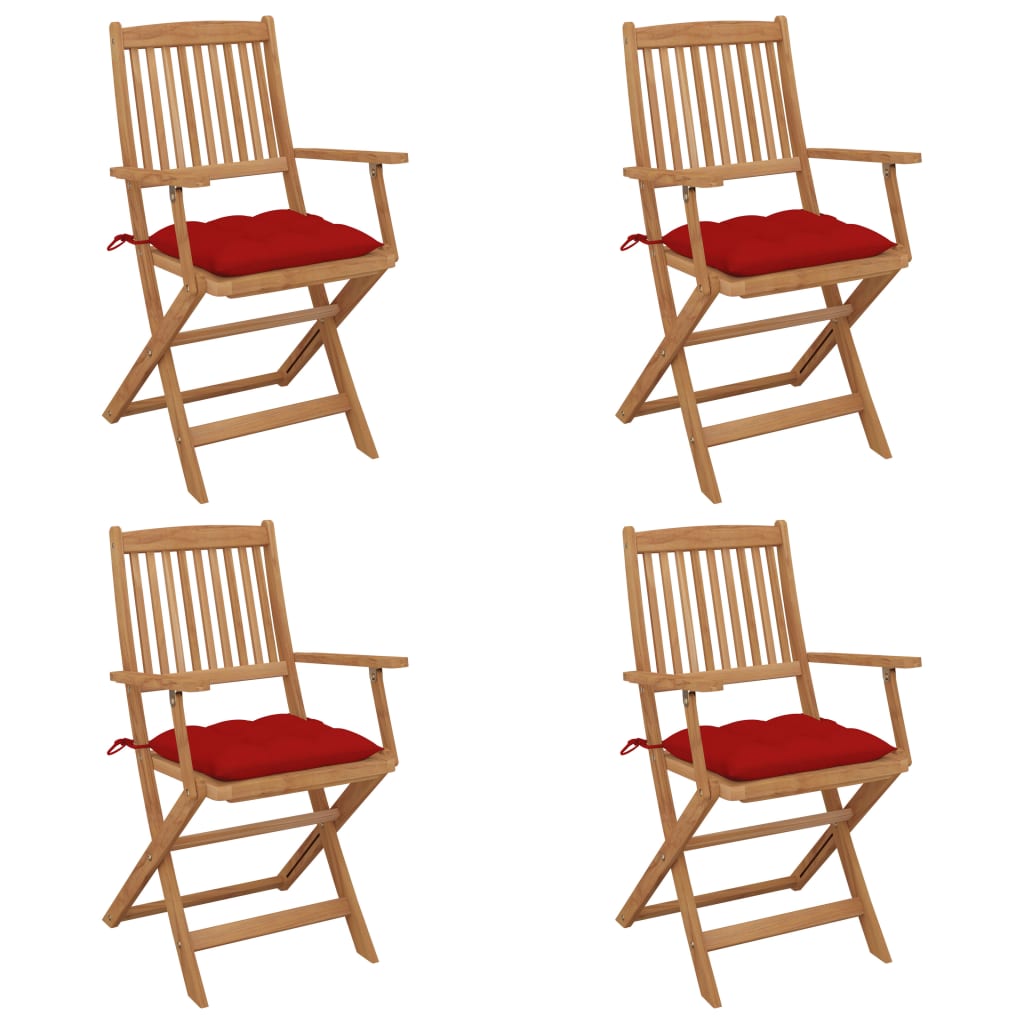 Set de 4 scaune pliabile de gradina, cu perne de sezut, cu brate, vidaXL, Lemn de acacia, 54 x 57 x 91 cm, 7 cm, Maro/Rosu
