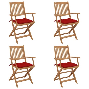 Set de 4 scaune pliabile de gradina, cu perne de sezut, cu brate, vidaXL, Lemn de acacia, 54 x 57 x 91 cm, 7 cm, Maro/Rosu Set de 4 scaune pliabile de gradina, cu perne de sezut, cu brate, vidaXL, Lemn de acacia, 54 x 57 x 91 cm, 7 cm, Maro/Rosu