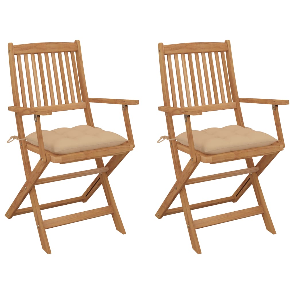Set de 2 scaune pliabile de gradina, cu perne de sezut, cu brate, vidaXL, Lemn de acacia, 54 x 57 x 91 cm, 7 cm, Maro/Bej