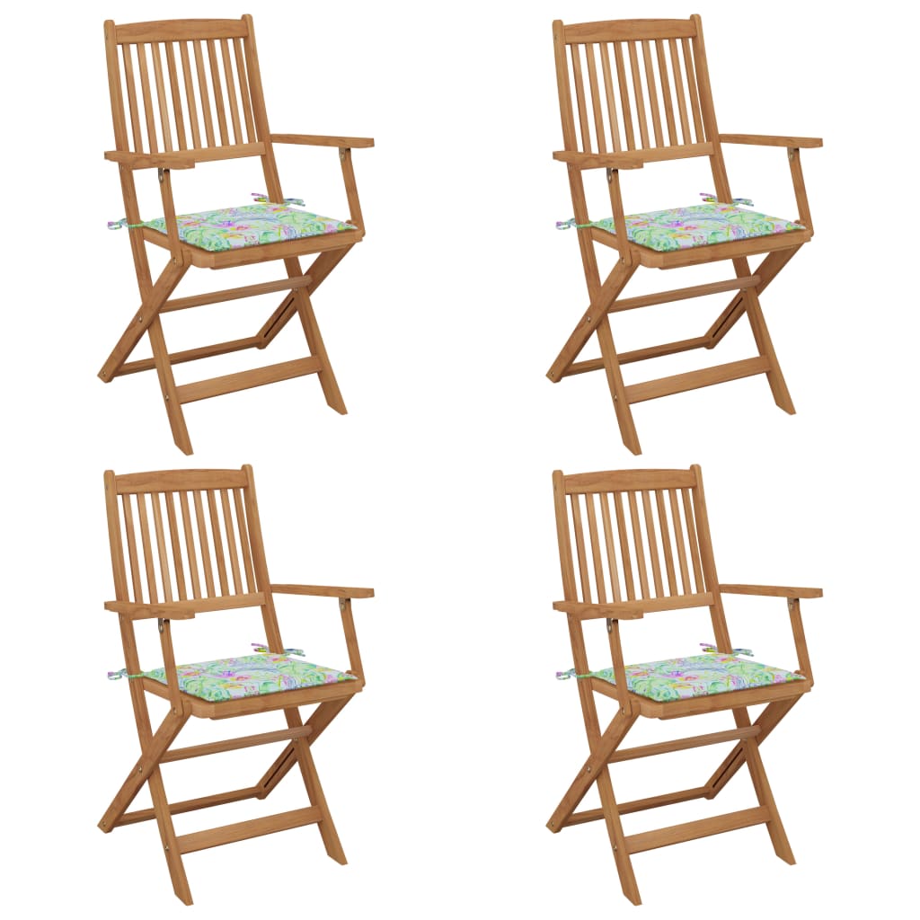 Set de 4 scaune pliabile de gradina, cu perne de sezut, cu brate, vidaXL, Lemn de acacia, 54 x 57 x 91 cm, 4 cm, Maro/Multicolor model tropical
