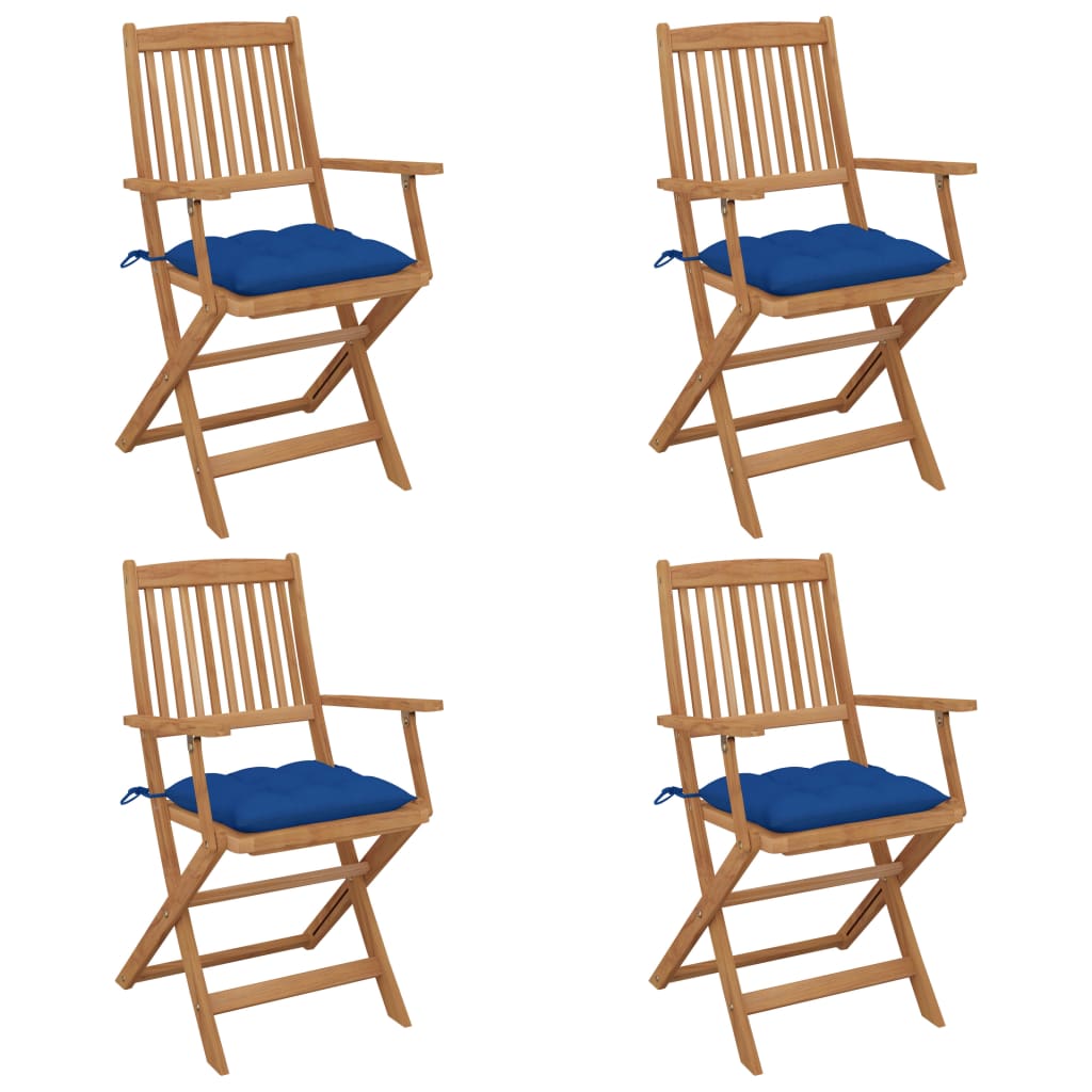 Set de 4 scaune pliabile de gradina, cu perne de sezut, cu brate, vidaXL, Lemn de acacia, 54 x 57 x 91 cm, 7 cm, Maro/Albastru