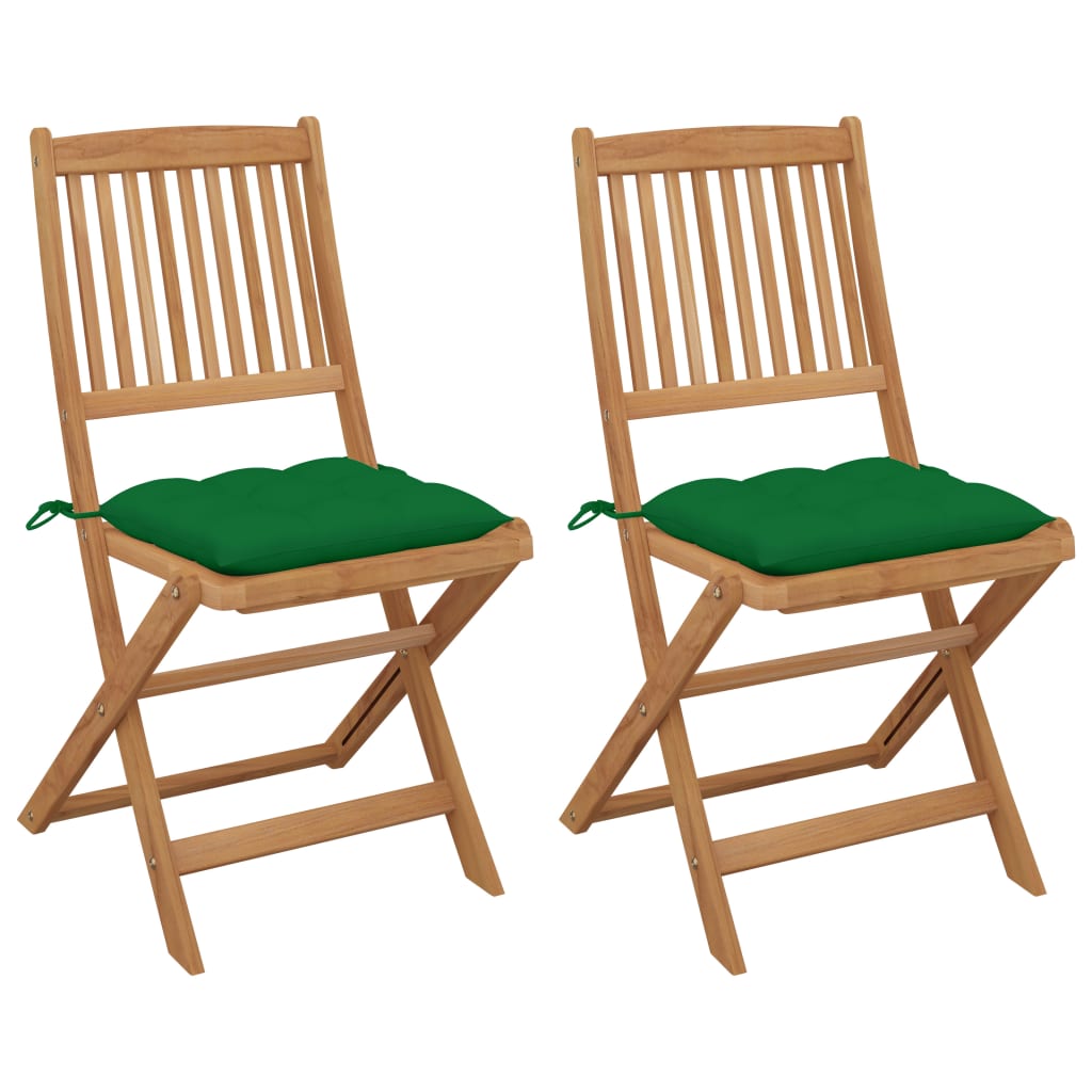 Set de 2 scaune pliabile de gradina, cu perne de sezut, vidaXL, Lemn de acacia, 48,5 x 57 x 91 cm, 7 cm, Maro/Verde inchis