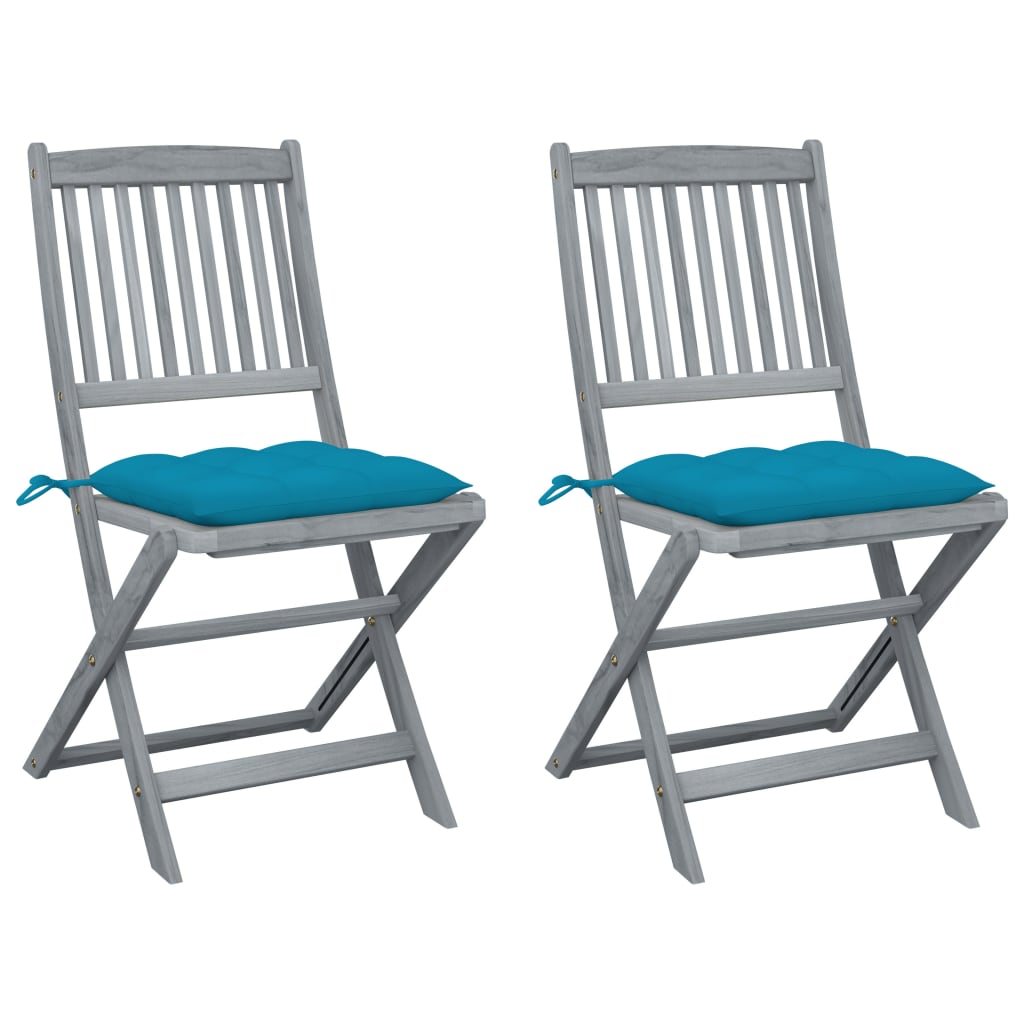Set de 2 scaune pliabile de gradina, cu perne de sezut, vidaXL, Lemn de acacia, 48.5 x 57 x 91 cm, 7 cm, Gri/Albastru