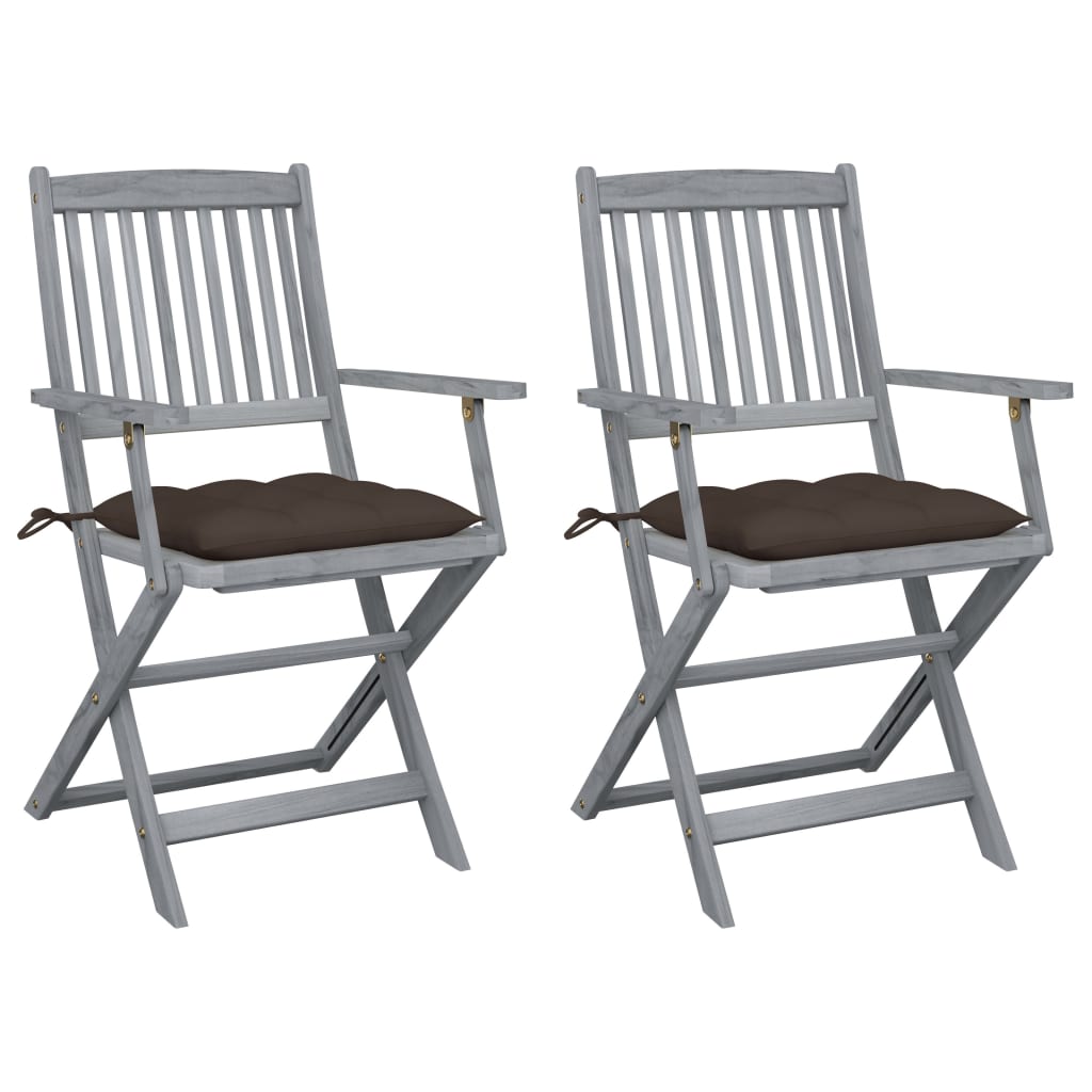 Set de 2 scaune pliabile de gradina, cu perne de sezut, cu brate, vidaXL, Lemn de acacia, 54 x 57 x 91 cm, 7 cm, Gri/Taupe