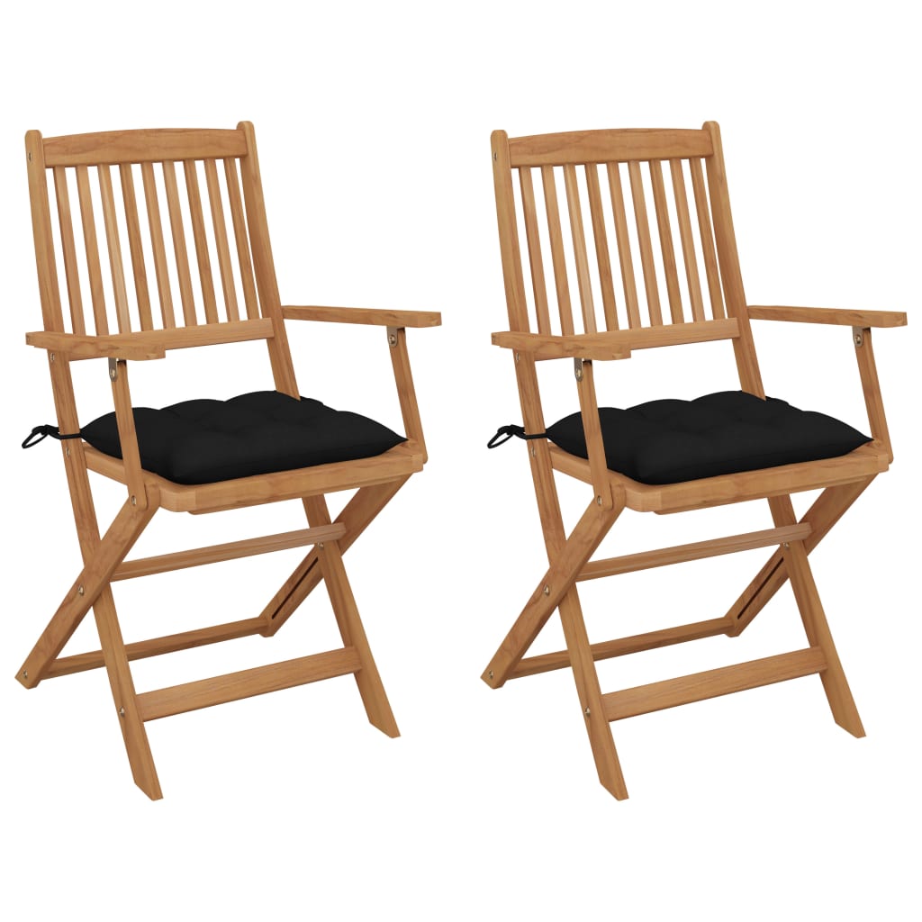 Set de 2 scaune pliabile de gradina, cu perne de sezut, cu brate, vidaXL, Lemn de acacia, 54 x 57 x 91 cm, 7 cm, Maro/Negru