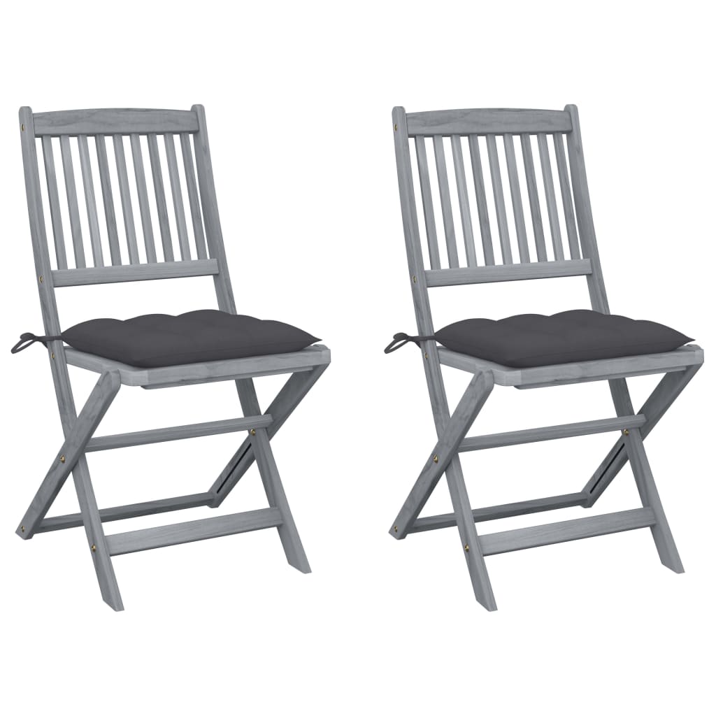 Set de 2 scaune pliabile de gradina, cu perne de sezut, vidaXL, Lemn de acacia, 48.5 x 57 x 91 cm, 7 cm, Gri antracit