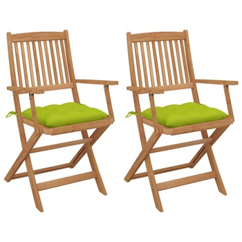Set de 2 scaune pliabile de gradina, cu perne de sezut, cu brate, vidaXL, Lemn de acacia, 54 x 57 x 91 cm, 7 cm, Maro/Verde aprins Set de 2 scaune pliabile de gradina, cu perne de sezut, cu brate, vidaXL, Lemn de acacia, 54 x 57 x 91 cm, 7 cm, Maro/Verde aprins