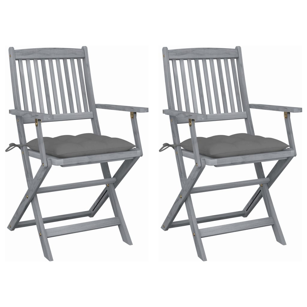 Set de 2 scaune pliabile de gradina, cu perne de sezut, cu brate, vidaXL, Lemn de acacia, 54 x 57 x 91 cm, 7 cm, Gri