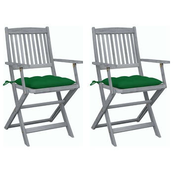 Set de 2 scaune pliabile de gradina, cu perne de sezut, cu brate, vidaXL, Lemn de acacia, 54 x 57 x 91 cm, 7 cm, Gri/Verde Set de 2 scaune pliabile de gradina, cu perne de sezut, cu brate, vidaXL, Lemn de acacia, 54 x 57 x 91 cm, 7 cm, Gri/Verde