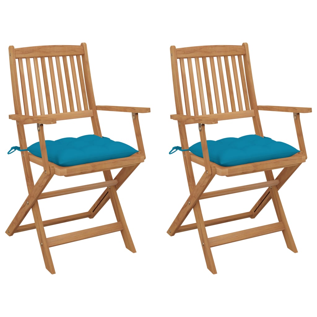 Set de 2 scaune pliabile de gradina, cu perne de sezut, cu brate, vidaXL, Lemn de acacia, 54 x 57 x 91 cm, 7 cm, Maro/Albastru