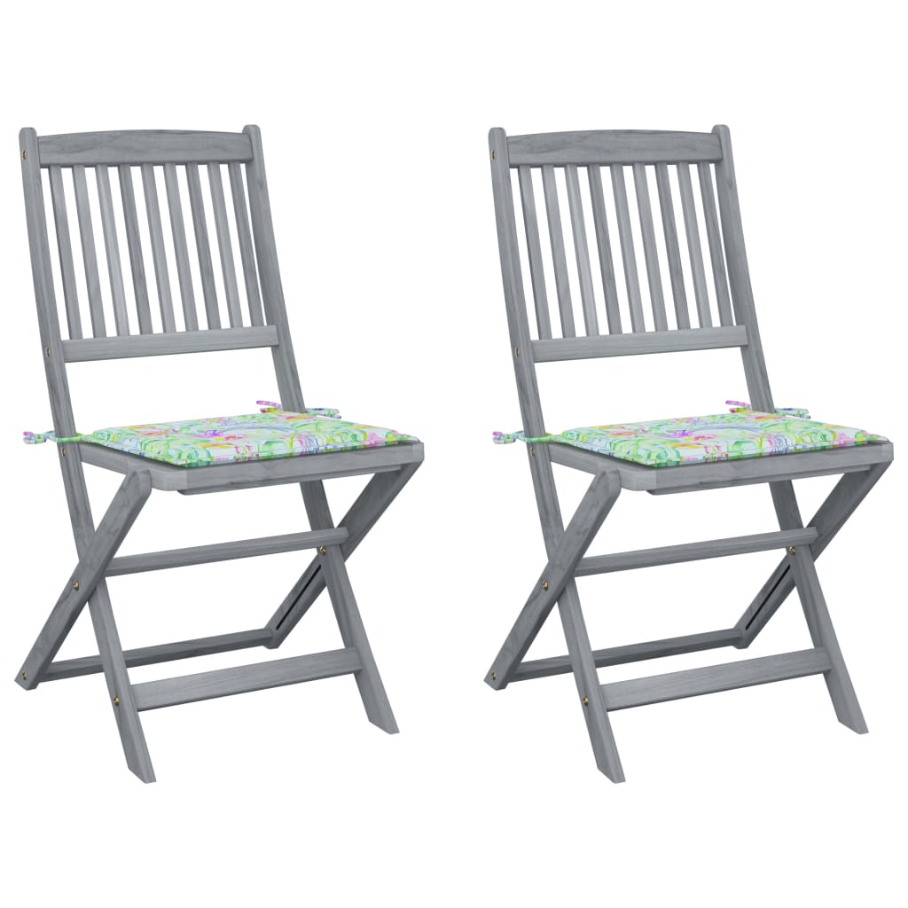 Set de 2 scaune pliabile de gradina, cu perne de sezut, vidaXL, Lemn de acacia, 48.5 x 57 x 91 cm, 4 cm, Gri/Multicolor model tropical