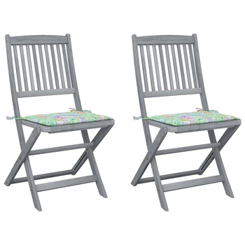 Set de 2 scaune pliabile de gradina, cu perne de sezut, vidaXL, Lemn de acacia, 48.5 x 57 x 91 cm, 4 cm, Gri/Multicolor model tropical Set de 2 scaune pliabile de gradina, cu perne de sezut, vidaXL, Lemn de acacia, 48.5 x 57 x 91 cm, 4 cm, Gri/Multicolor model tropical