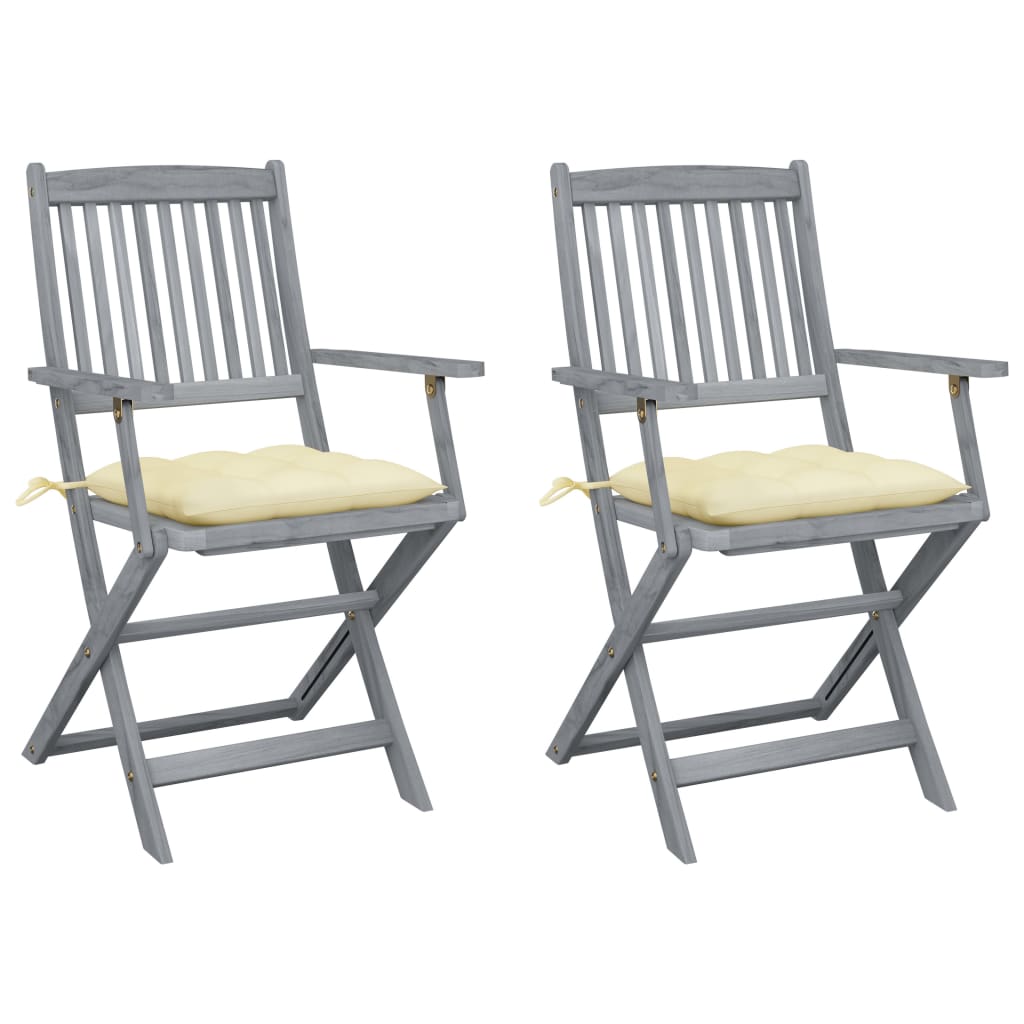 Set de 2 scaune pliabile de gradina, cu perne de sezut, cu brate, vidaXL, Lemn de acacia, 54 x 57 x 91 cm, 7 cm, Gri/Crem