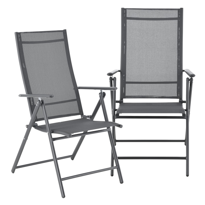 [en.casa] Kültéri szék 2 darabos szett Kalamata összecsukható kerti székek 105 x 57 x 68 cm acél/PVC/poliészter k arfával és állítható háttámlával sötétszürke outdoor székek