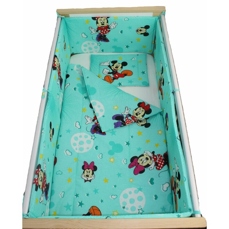 Set lenjerie 5 piese, Minnie si Mickey, turcoaz cu stelute, 120x60cm