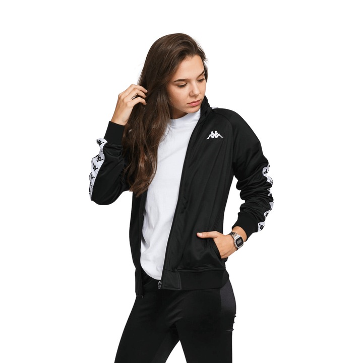 Bluza cu fermoar dama cu benzi logo, Kappa, 222 Banda Wanniston Slim, Negru I Alb