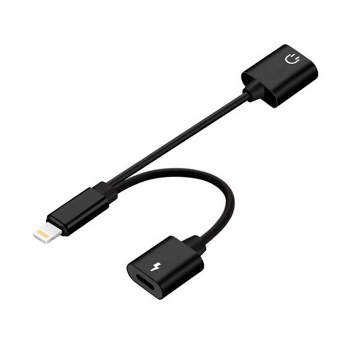 Двоен преходник с кабел 1Tech, Адаптер 2 в 1, Lighining зарядно + Lighining за слушалки, за iPhone, Черен