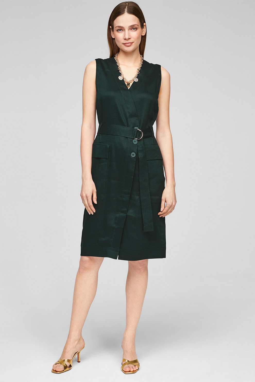 s.Oliver, Rochie-camasa fara maneci, din amestec de in, Verde englez
