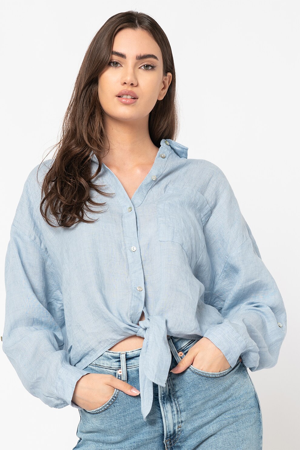 s.Oliver, Camasa de in supradimensionata cu buzunar aplicat pe piept, Albastru azur