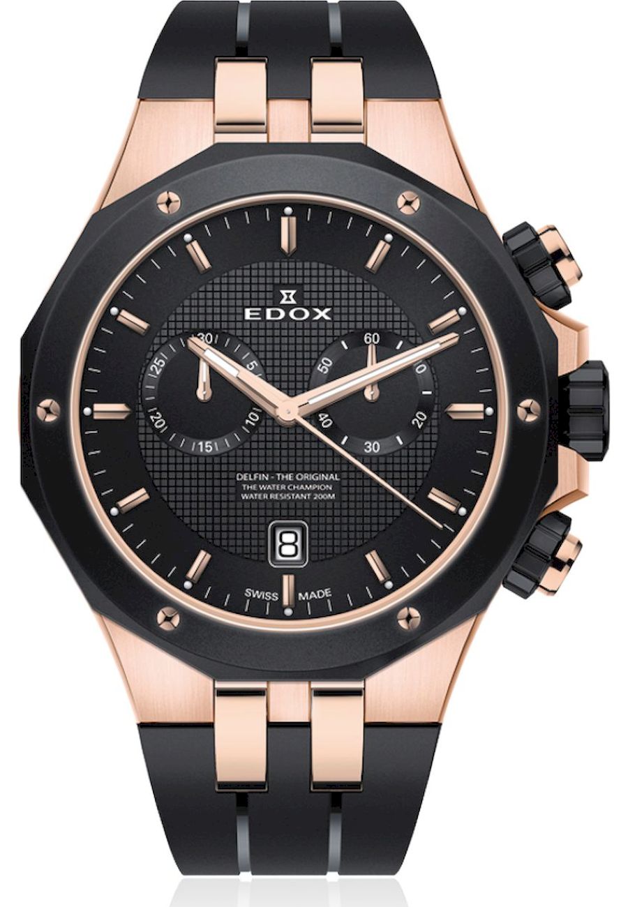 Ceas analogic barbatesc, Edox, 10110357RNCANIR, 20 ATM, Negru/Rose Gold