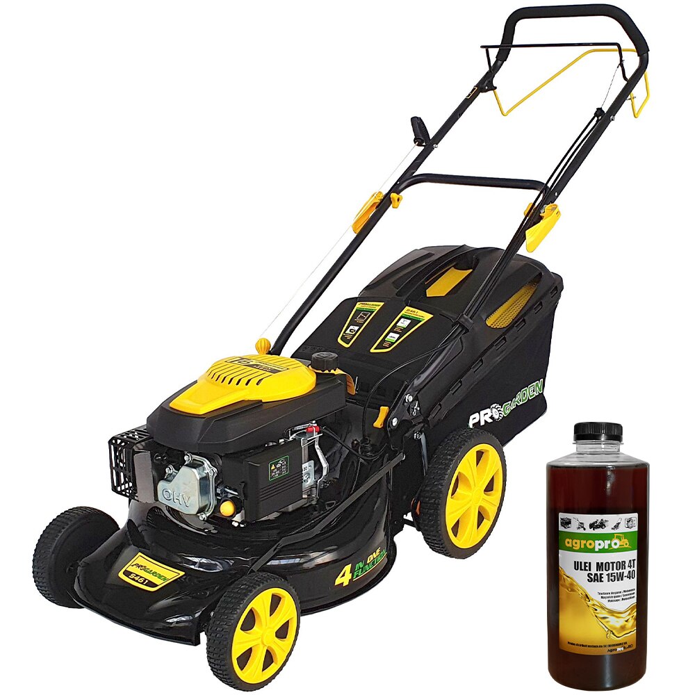 Set masina tuns gazon ProGARDEN S461VHY-T6, motor 3.5 CP, 4 timpi, latime lucru 46 cm, cos 60 L, autopropulsie, 1x ulei