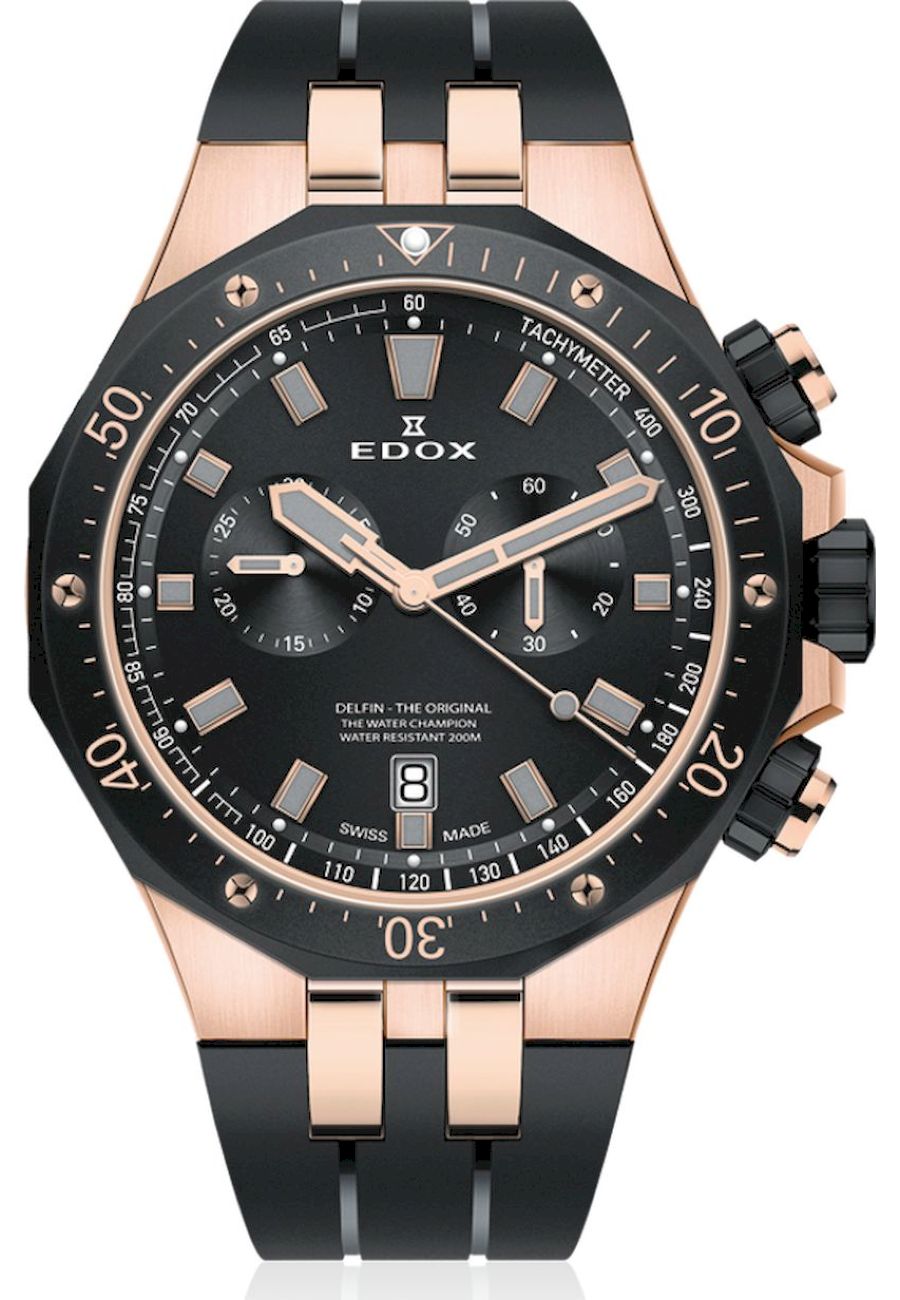 Ceas analogic barbatesc, Edox, 10109357RNCANIRG, Cronograf, Cronometru, Negru/Rose Gold