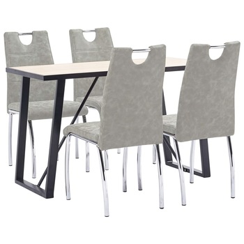 Set 5 piese masa cu 4 scaune de bucatarie, vidaXL, Lemn stejar/Piele artificiala/Otel, 120 x 60 x 75 cm, Gri deschis Set 5 piese masa cu 4 scaune de bucatarie, vidaXL, Lemn stejar/Piele artificiala/Otel, 120 x 60 x 75 cm, Gri deschis