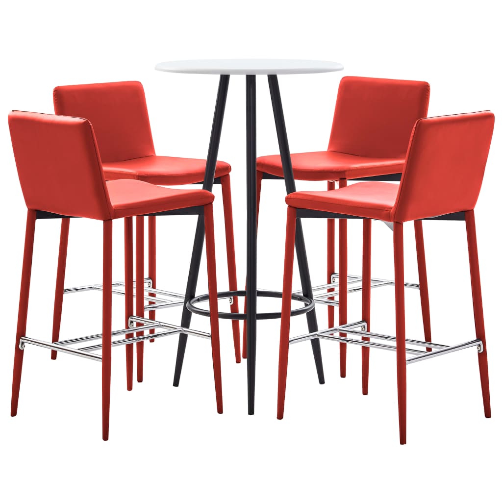 Set 5 piese mobilier de bar, masa cu 4 scaune, vidaXL, Piele ecologica/MDF/Otel, 60 x 107,5 cm, Rosu/Alb