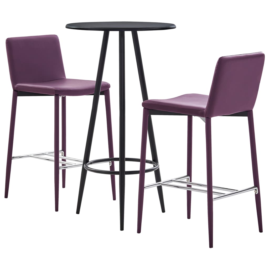 Set 3 piese mobilier de bar, masa cu 3 scaune, vidaXL, Piele ecologica/MDF/Otel, 60 x 107,5 cm, Mov/Negru