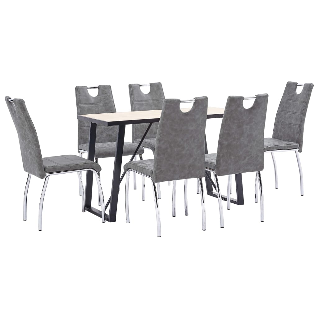 Set 7 piese masa cu 6 scaune de bucatarie, vidaXL, Lemn stejar/Piele artificiala/Otel, 120 x 60 x 75 cm, Gri inchis