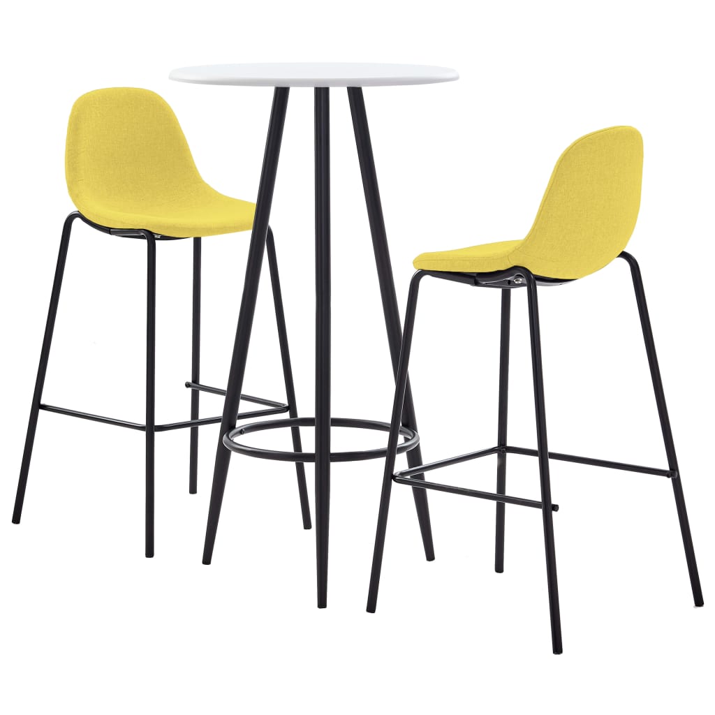 Set 3 piese mobilier de bar, masa cu 2 scaune, vidaXL, Textil/MDF/Otel, 60 x 107,5 cm, Galben/Alb