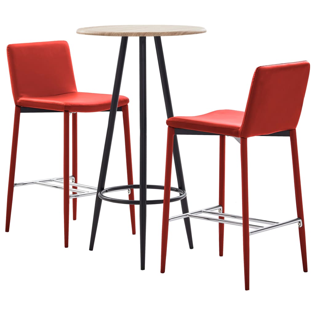 Set 3 piese mobilier de bar, masa cu 2 scaune, vidaXL, Piele ecologica/MDF/Otel, 60 x 107,5 cm, Rosu/Maro