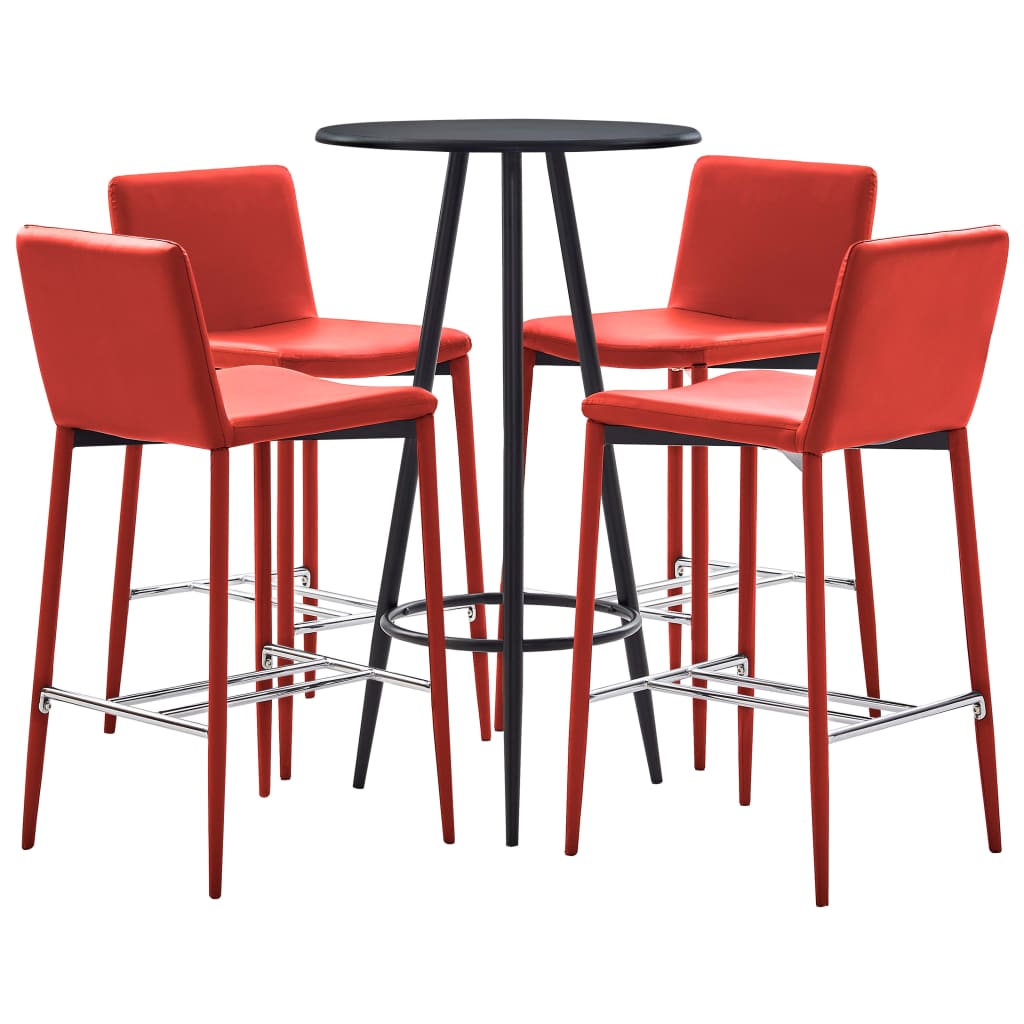 Set 5 piese mobilier de bar, masa cu 4 scaune, vidaXL, Piele ecologica/MDF/Otel, 60 x 107,5 cm, Rosu/Negru