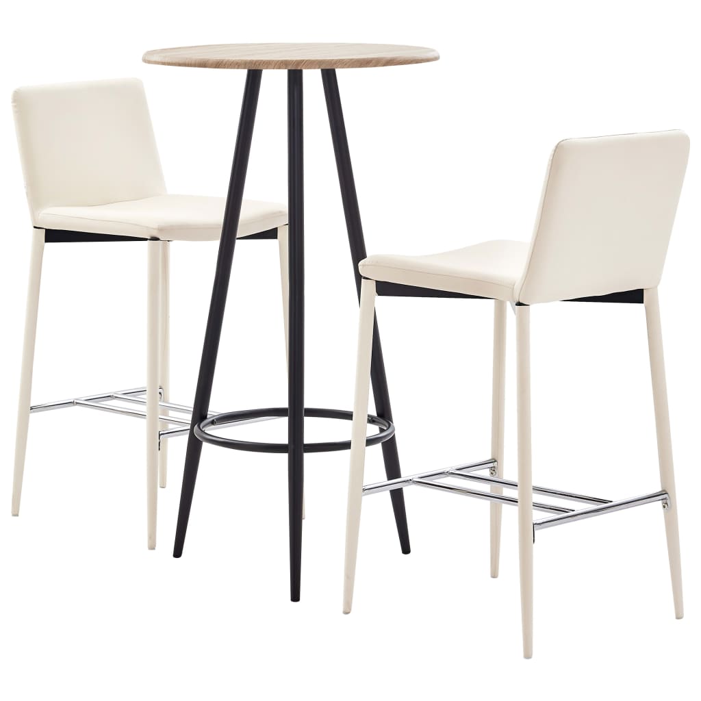 Set 3 piese mobilier de bar, masa cu 2 scaune, vidaXL, Piele ecologica/MDF/Otel, 60 x 107,5 cm, Crem/Maro