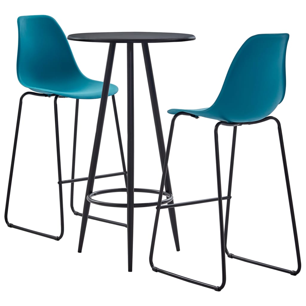 Set 3 piese mobilier de bar, masa cu 2 scaune, vidaXL, Plastic/MDF/Otel, 60 x 107,5 cm, Turcoaz/Negru