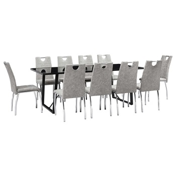 Set 11 piese masa cu 10 scaune de bucatarie, vidaXL, Sticla securizata/Piele artificiala/Otel, 200 x 100 x 75 cm, Gri deschis Set 11 piese masa cu 10 scaune de bucatarie, vidaXL, Sticla securizata/Piele artificiala/Otel, 200 x 100 x 75 cm, Gri deschis