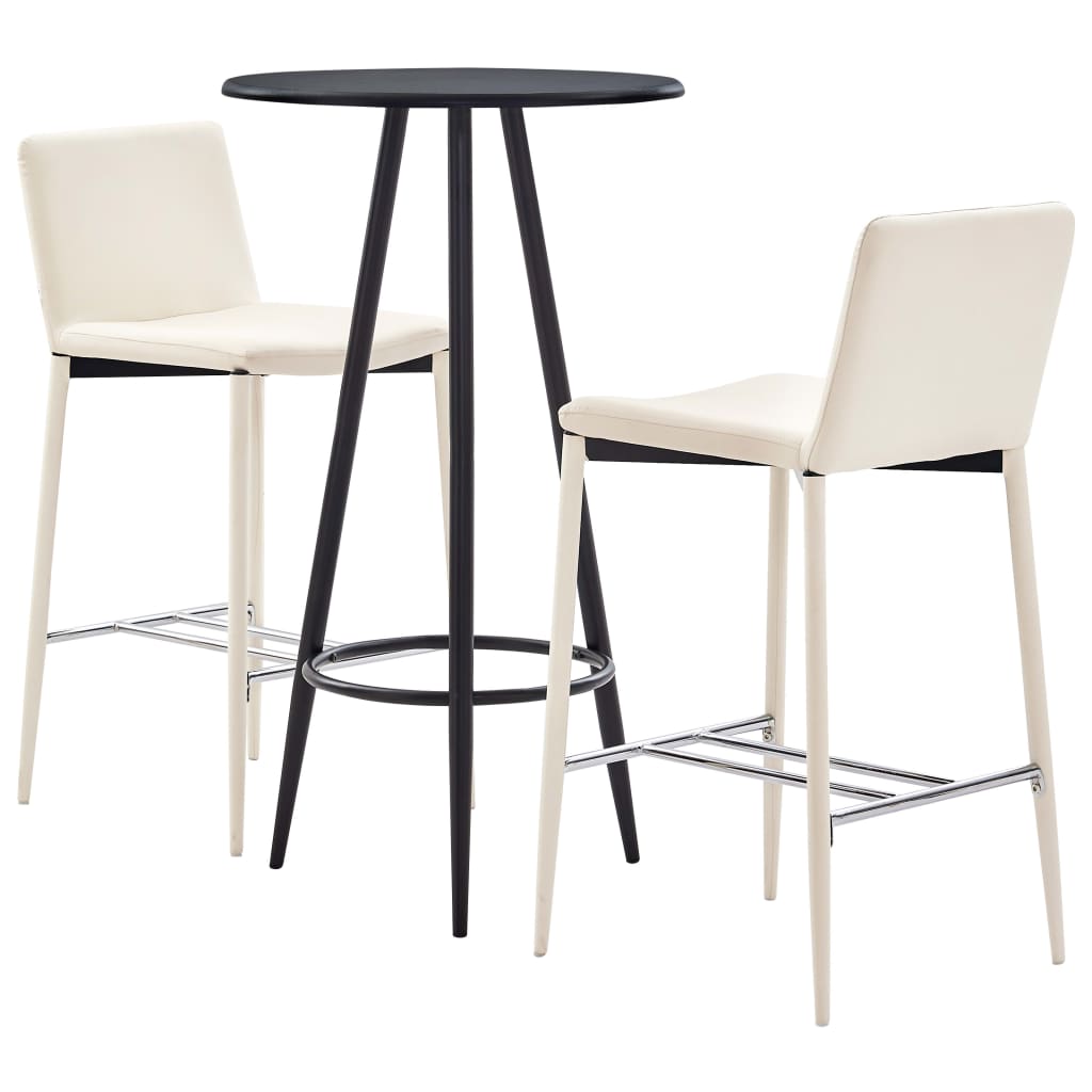 Set 3 piese mobilier de bar, masa cu 3 scaune, vidaXL, Piele ecologica/MDF/Otel, 60 x 107,5 cm, Crem/Negru