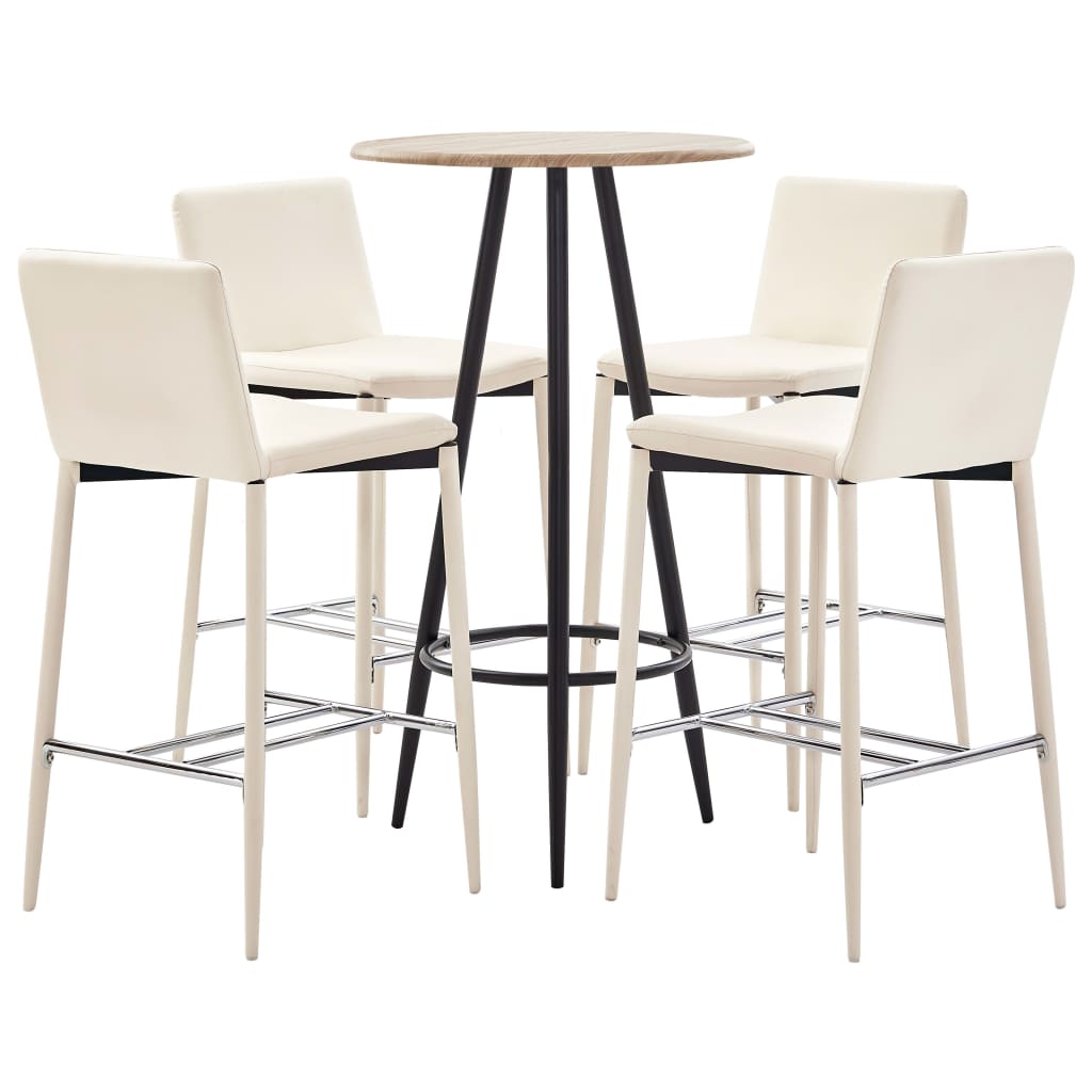 Set 5 piese mobilier de bar, masa cu 4 scaune, vidaXL, Piele ecologica/MDF/Otel, 60 x 107,5 cm, Crem/Maro