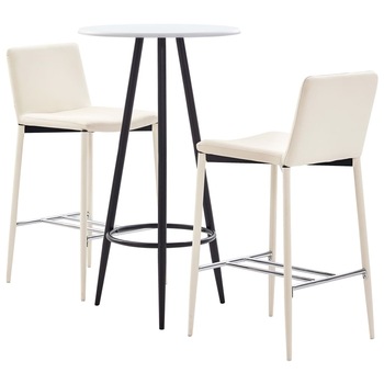 Set 3 piese mobilier de bar, masa cu 3 scaune, vidaXL, Piele ecologica/MDF/Otel, 60 x 107,5 cm, Crem/Alb Set 3 piese mobilier de bar, masa cu 3 scaune, vidaXL, Piele ecologica/MDF/Otel, 60 x 107,5 cm, Crem/Alb