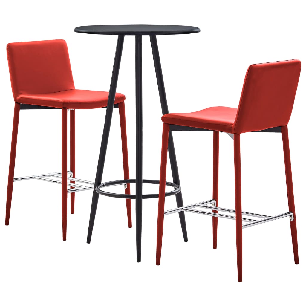 Set 3 piese mobilier de bar, masa cu 3 scaune, vidaXL, Piele ecologica/MDF/Otel, 60 x 107,5 cm, Rosu/Negru