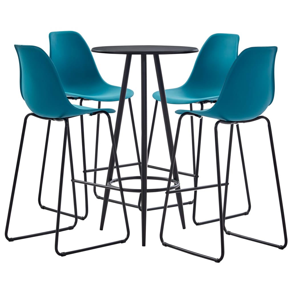 Set 5 piese mobilier de bar, masa cu 4 scaune, vidaXL, Plastic/MDF/Otel, 60 x 107,5 cm, Turcoaz/Negru