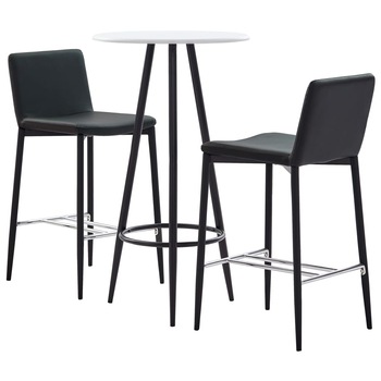 Set 3 piese mobilier de bar, masa cu 3 scaune, vidaXL, Piele ecologica/MDF/Otel, 60 x 107,5 cm, Gri inchis/Alb Set 3 piese mobilier de bar, masa cu 3 scaune, vidaXL, Piele ecologica/MDF/Otel, 60 x 107,5 cm, Gri inchis/Alb