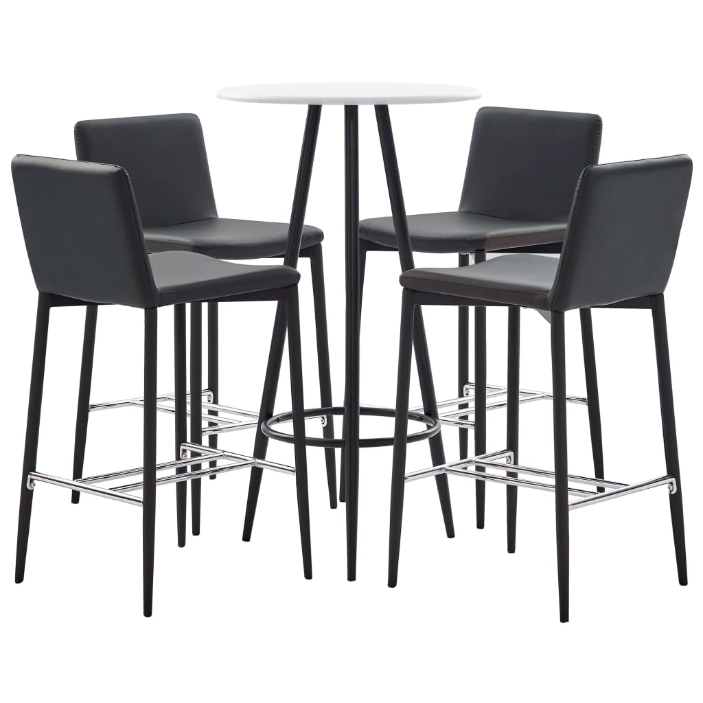 Set 5 piese mobilier de bar, masa cu 4 scaune, vidaXL, Piele ecologica/MDF/Otel, 60 x 107,5 cm, Gri inchis/Alb