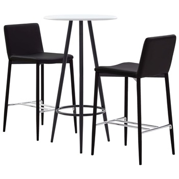 Set 3 piese mobilier de bar, masa cu 3 scaune, vidaXL, Piele ecologica/MDF/Otel, 60 x 107,5 cm, Maro inchis/Alb Set 3 piese mobilier de bar, masa cu 3 scaune, vidaXL, Piele ecologica/MDF/Otel, 60 x 107,5 cm, Maro inchis/Alb
